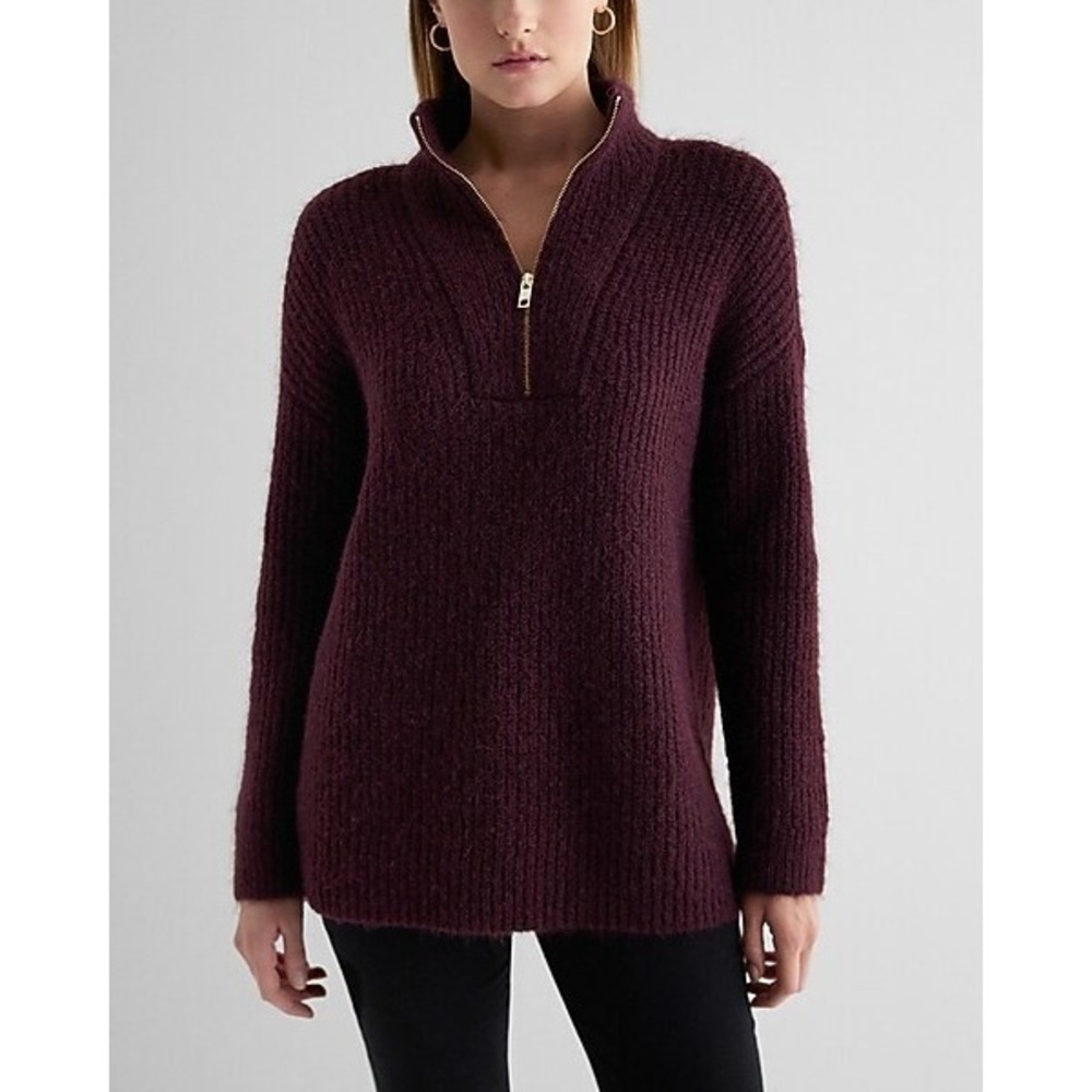 NEW Express Fuzzy Knit Quarter Zip Tunic Sweater Women's M Wool Blend Burgundy